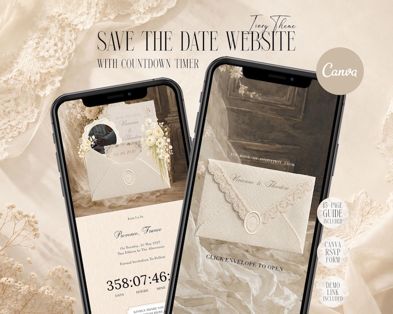 以下が含まれることがあります： 2台のスマートフォンに、アイボリーを基調とした「Save the Date」ウェディングウェブサイトのテンプレートが表示されています。画面には封筒のグラフィック、結婚式の詳細、カウントダウンタイマー、「Save the Date Website」、「Canva」などのテキストが表示されています。