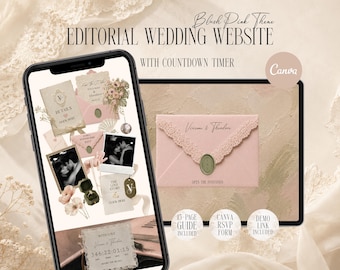 Blush Pink Lace Wedding Website Canva, Digital Invitation Template with RSVP Form and Countdown