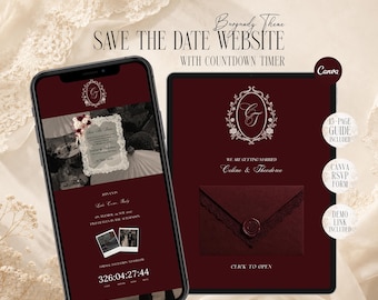 Burgundy Save The Date Website Canva, Old Money Wedding Website Template RSVP Form, Digital Invitation