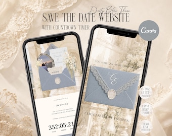 Dusty Blue Save The Dates Website Template Canva, Editable Digital Wedding Invitation with RSVP Form
