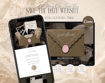 Old Money Save The Dates Website Canva, Olive Green Lace Wedding Invitation Template with RSVP