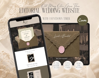 Old Money Olive Green Wedding Website Template with RSVP, Digital Editable Invitation Canva