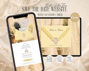 Butter Yellow & Ivory Save The Date Website Template Canva, Lace Wedding Invitation Suite Digital