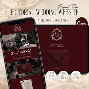 Könnte beinhalten: Eine redaktionelle Hochzeits-Website-Vorlage im Burgunder-Thema, angezeigt auf einem Smartphone- und Tablet-Bildschirm. Das Design umfasst ein Monogramm-Logo, einen Countdown-Timer und eine interaktive Umschlag-Grafik mit Wachssiegel. Text: "EDITORIAL WEDDING WEBSITE" und "WITH COUNTDOWN TIMER".