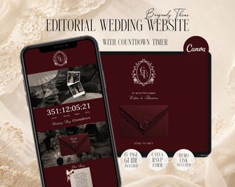Burgundy Wedding Website Template with RSVP Form, Editable Old Money Digital Lace Invitation Canva