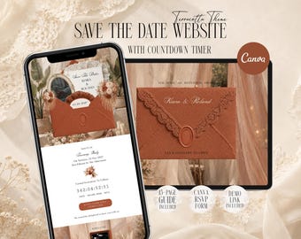Terracotta Save The Dates Wedding Website with RSVP, Lace Invitation Suite, Digital Canva Templates