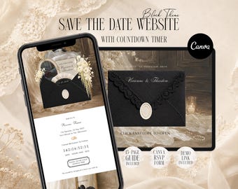 Black Save The Dates Canva Website with RSVP, Editable Luxury Wedding Invitation Template and Countdown