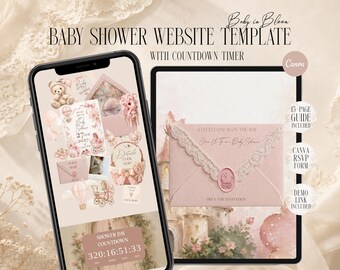 Baby in Bloom Baby Shower Website Template Canva, Editable Girl Baby Shower Invitation with RSVP