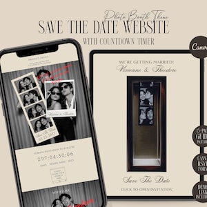 May include: A digital save the date website template displayed on a smartphone and tablet. The design features a photo booth theme with black and white photo strips, a countdown timer, and text including "Save the Date," "We're Getting Married," and "Vivienne & Theodore."