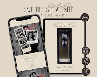 Photo Booth Ivory Save The Date Template, Wedding Website Canva, Animated Photostrip Invitation