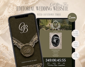 Old Money Lace Wedding Website Canva Templates, Sage Green Digital Invitation with RSVP and Countdown