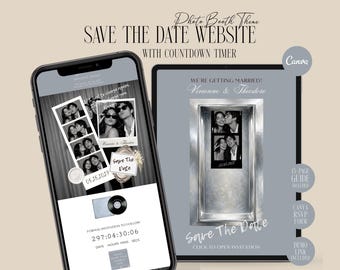 Dusty Blue Photo Booth Save The Date Website Template with RSVP, Canva Wedding Photostrip Invitation with Music