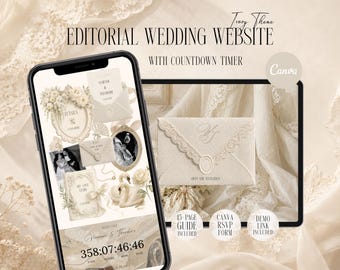 Ivory Lace Wedding Website Templates Canva, Editable Elegant Digital Invitation with RSVP Form