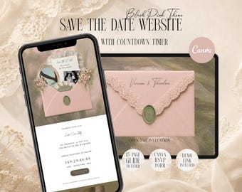 Blush Pink Save The Date Website Template, Digital Lace Wedding Invitation Canva, RSVP and Countdown