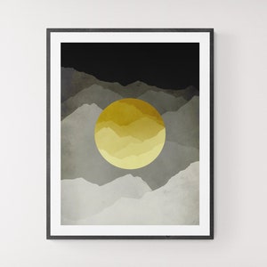 Yellow and Grey Wall Art Abstract Mountain Wall Art Office Decor Mid Century Art Gift for Men Unframed image 2