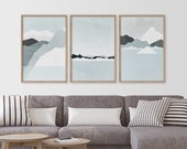 Set of 3 Minimalist Posters, Mid Century Modern Art, Abstract Landscape, Blue Gray