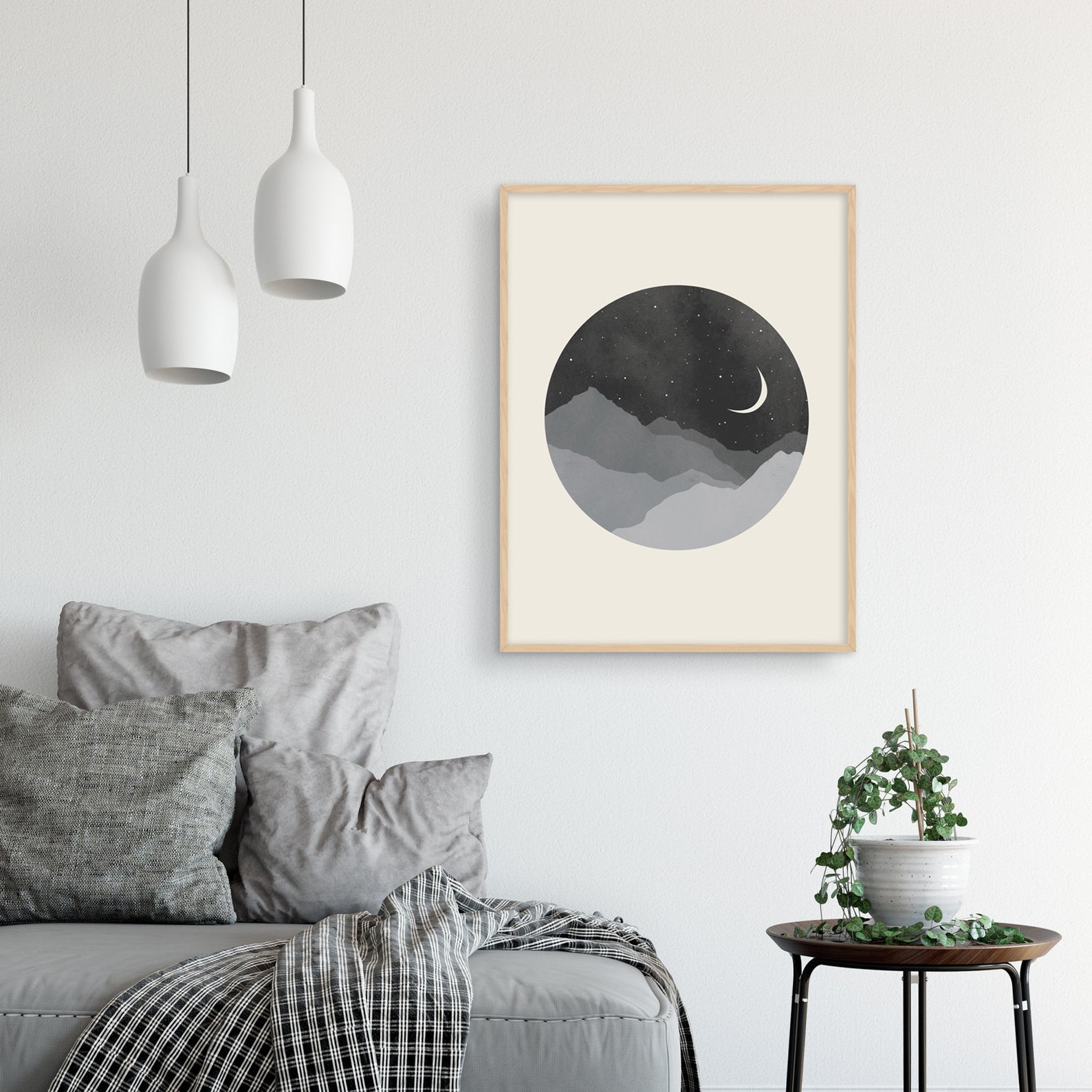Moon Art Print, Moon and Stars, Bedroom Art Print, Black and White