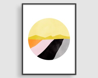 Abstract Landscape Art Print: Pastel Colors, Mid-Century Modern