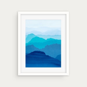 Misty Mountain Watercolor Print: Abstract Blue Teal Landscape