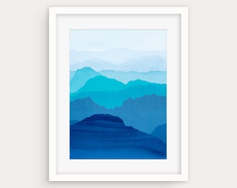 Stampa acquerello Misty Mountain: paesaggio astratto blu-verde acqua