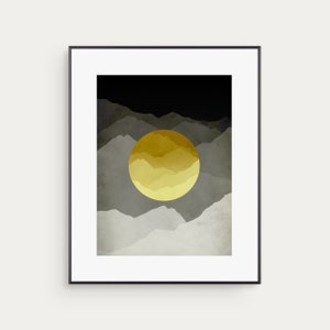 Yellow and Grey Wall Art Abstract Mountain Wall Art Office Decor Mid Century Art Gift for Men Unframed image 1