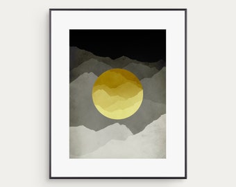 Yellow and Grey Wall Art - Abstract Mountain Wall Art - Office Decor Mid Century Art - Gift for Men – Unframed