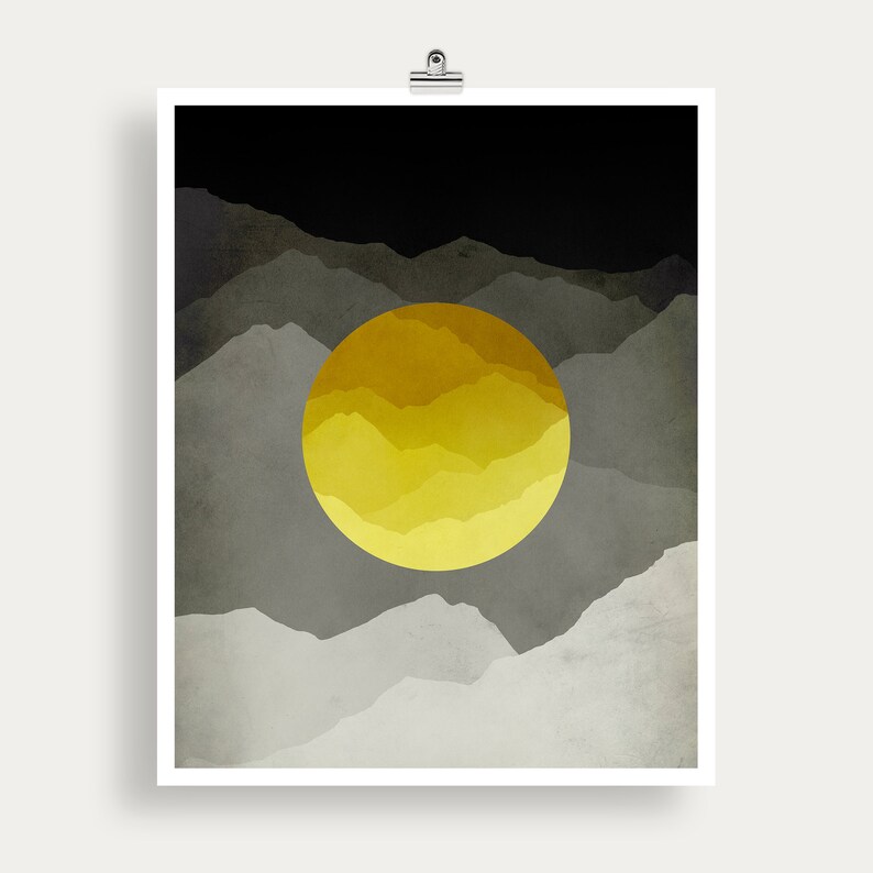 Yellow and Grey Wall Art Abstract Mountain Wall Art Office Decor Mid Century Art Gift for Men Unframed Yellow and Grey