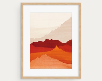 Mountains Wall Art Print, Red and Orange Modern Minimalist Wall Decor, Giclee Print