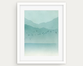 Coastal Mountain Art Print: Teal Blue Beach Wall Decor