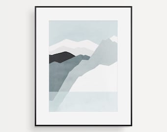 Minimalist Wall Art, Abstract Print, Mountain Art, Gift for Men, Grey Blue Wall Art, Bedroom Wall Decor, Office Decor