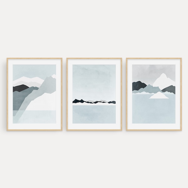 Minimalist Set of 3 Prints - Light Blue Wall Art - Modern Wall Decor - Iceland Landscape - Gallery Wall