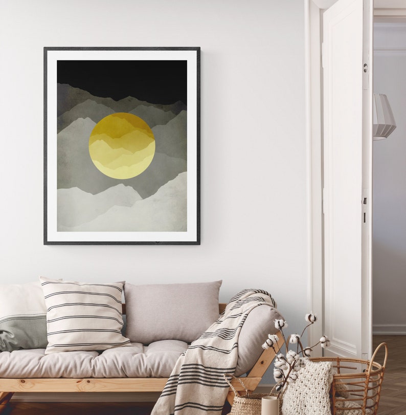 Yellow and Grey Wall Art Abstract Mountain Wall Art Office Decor Mid Century Art Gift for Men Unframed image 2