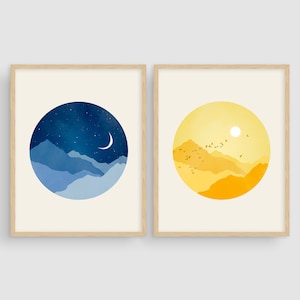 Sun Moon and Stars Nursery Wall Art Set of 2 Prints, Nursery Decor Neutral, Celestial, Art for Kids, Baby Shower Gift, Blue and Yellow