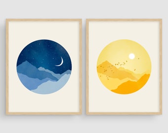 Sun Moon and Stars Nursery Wall Art Set of 2 Prints, Nursery Decor Neutral, Celestial, Art for Kids, Baby Shower Gift, Blue and Yellow