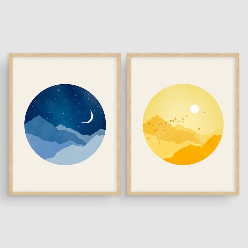 Sun Moon and Stars Nursery Wall Art Set of 2 Prints, Nursery Decor Neutral, Celestial, Art for Kids, Baby Shower Gift, Blue and Yellow 