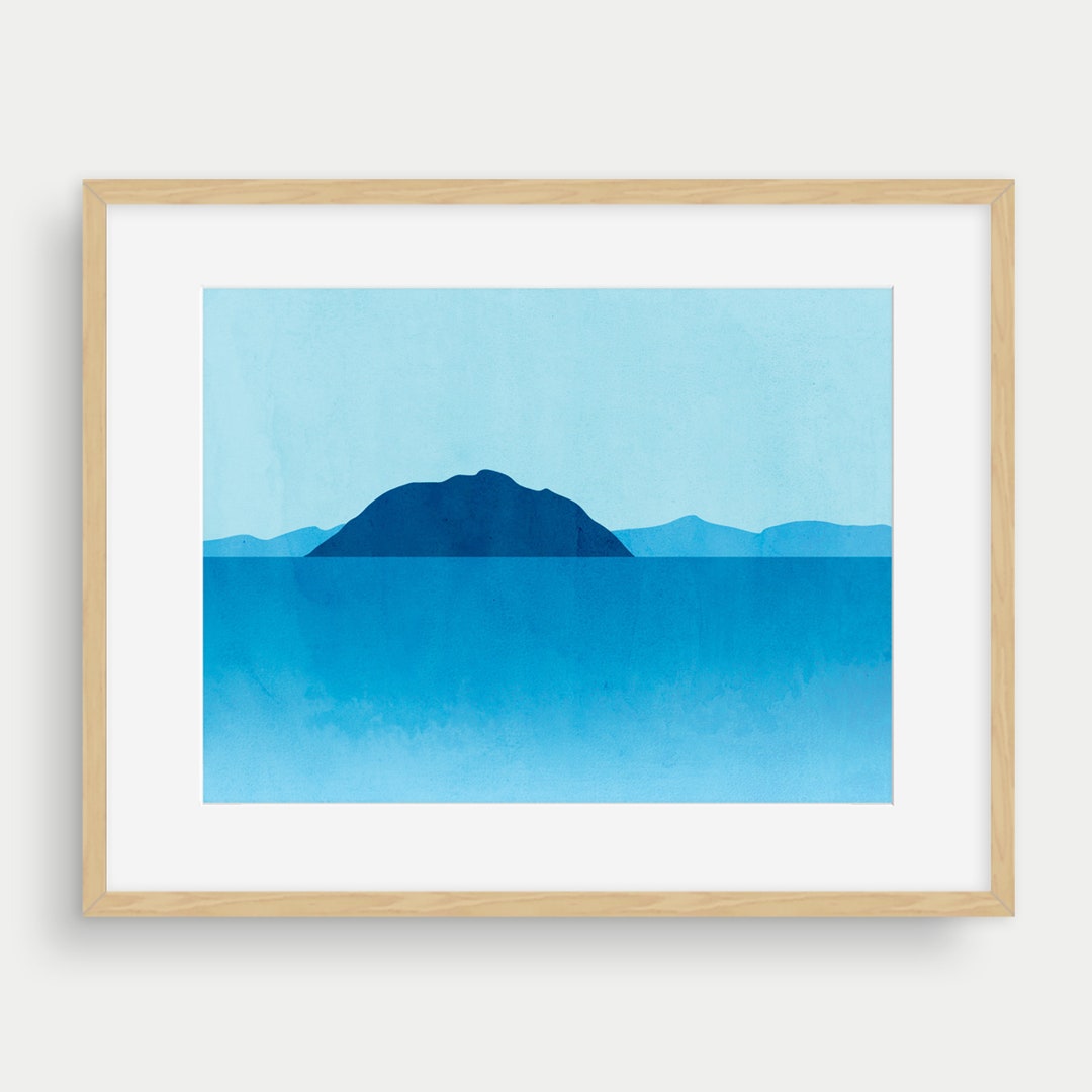 Blue Beach Wall Art Print for Bedroom, Watercolor Seascape Art Print