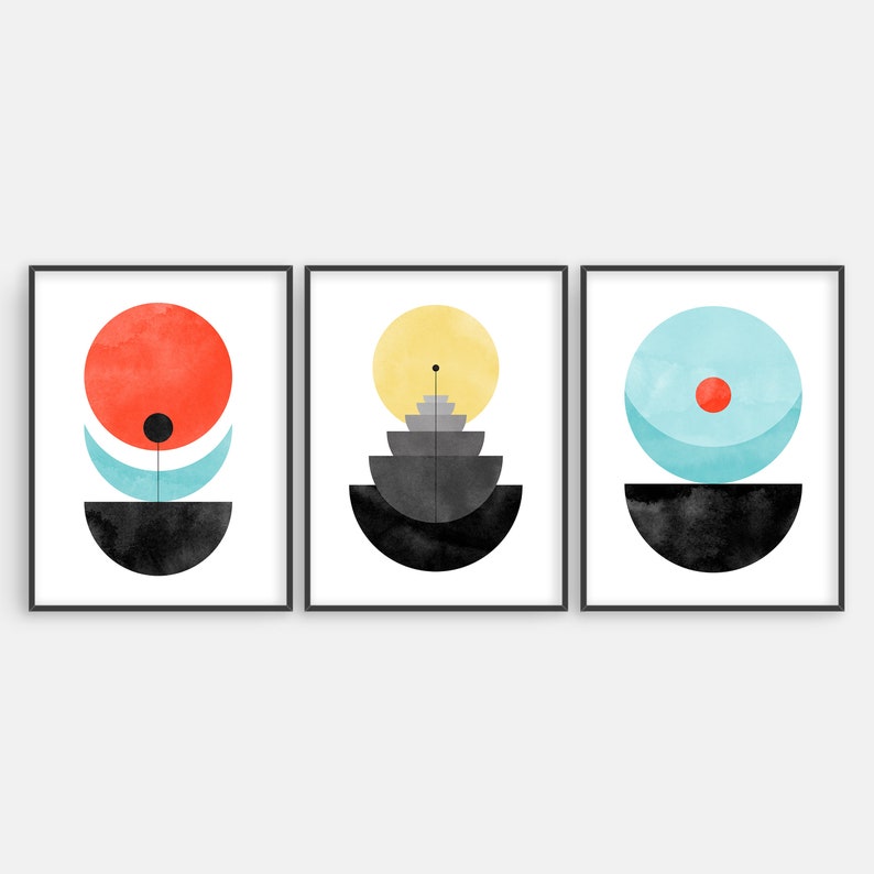 Colorful Geometric Wall Art Set of 3 Abstract Art Print Mid Etsy