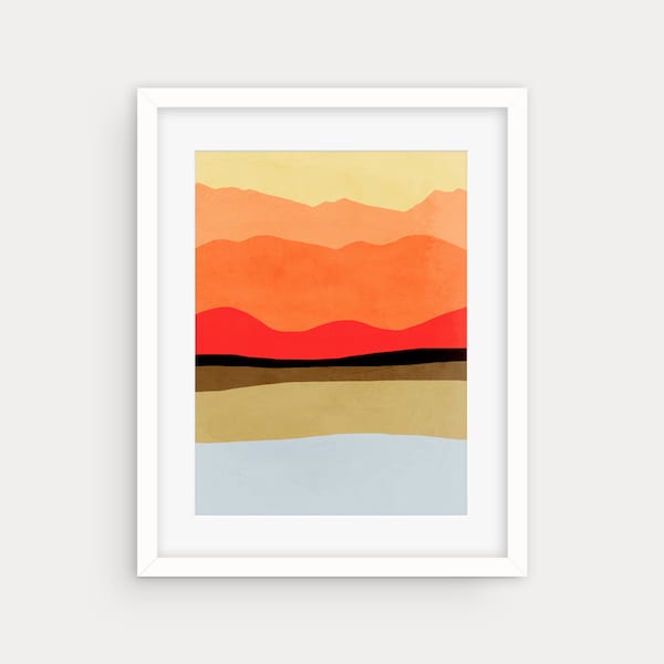 Mid Century Modern Abstract Landscape Art Print: Red Wall Decor