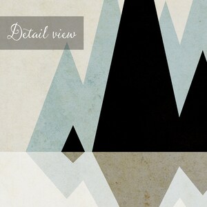 May include: Abstract geometric art print featuring black and blue triangles against a beige background. The print has a vintage, textured look.