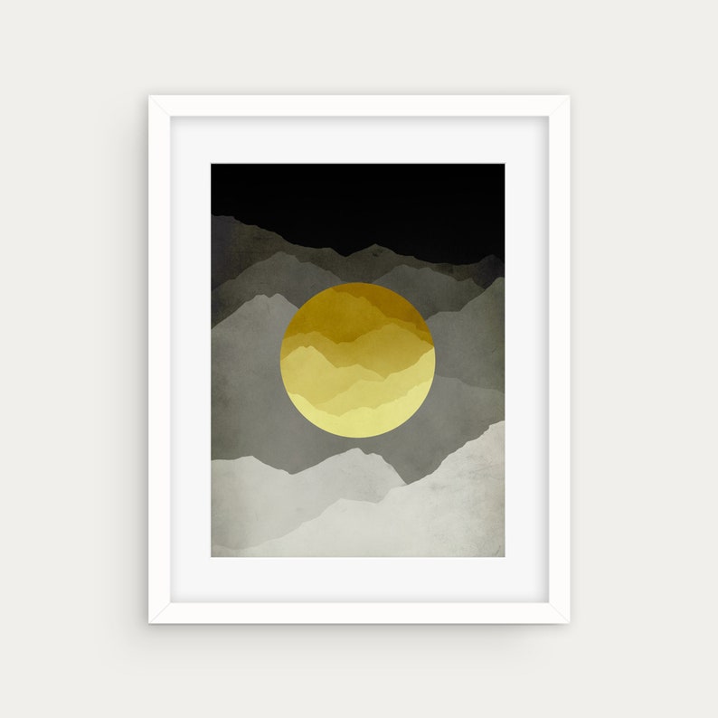 Yellow and Grey Wall Art Abstract Mountain Wall Art Office Decor Mid Century Art Gift for Men Unframed image 3