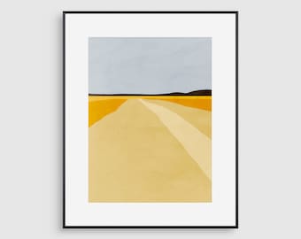 Modern Abstract Landscape Art Print: Mustard Yellow and Blue-Gray