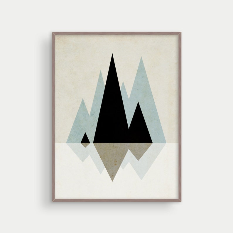 May include: Abstract geometric art print featuring black and blue triangles against a beige background. The triangles are arranged to resemble mountains reflecting in water.