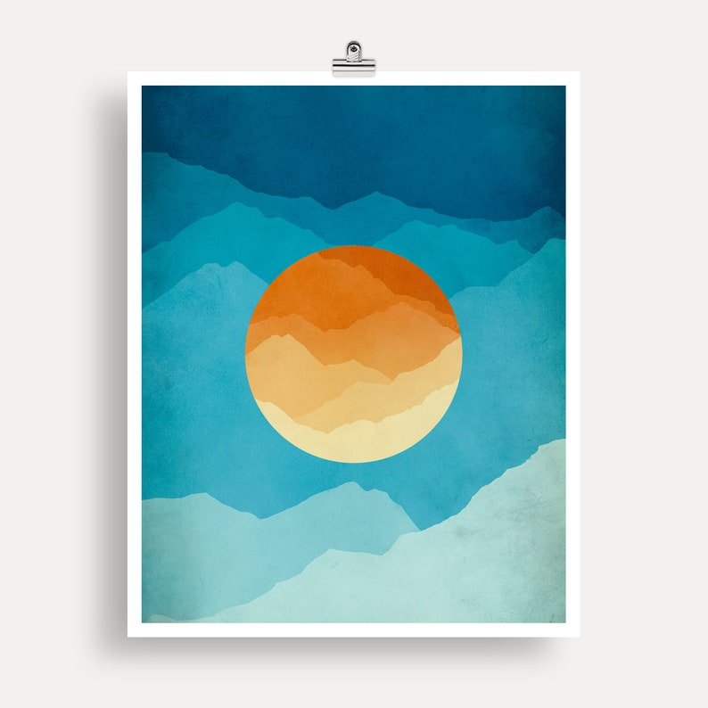 Mid Century Art Print, Modern Wall Art, Abstract Mountains Art, Large Wall Art Print, Mid Century Modern, Minimalist Art, Modern Print Orange and Blue