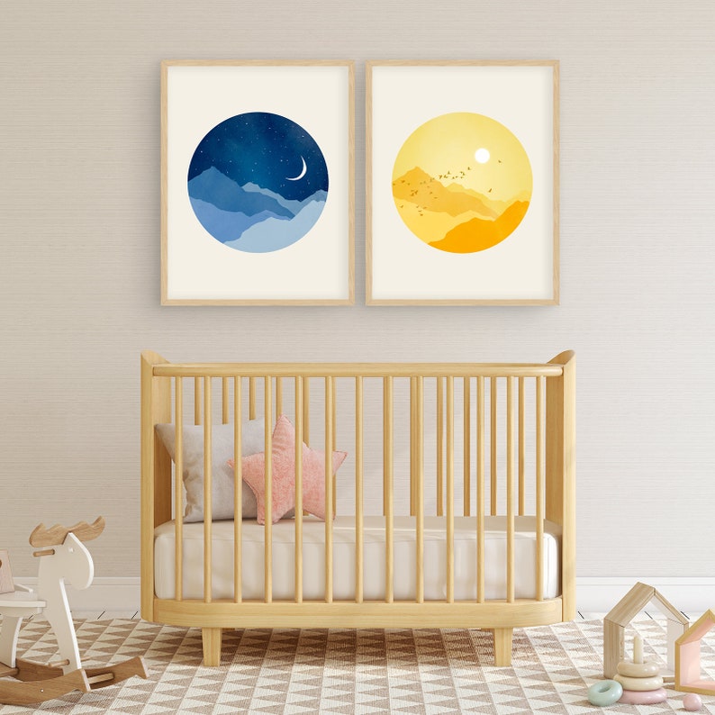 Sun Moon and Stars Nursery Wall Art Set of 2 Prints Nursery Etsy