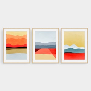 Mid Century Modern Art, Abstract Art Set of 3 Prints, Over the Bed Wall Decor Living Room, Red Wall Art, Large Wall Art Abstract