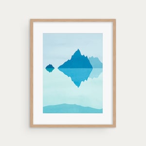 Abstract Modern Blue Mountains Art Print, Scandi Landscape Wall Decor, Mountain Reflection Scandinavian Art