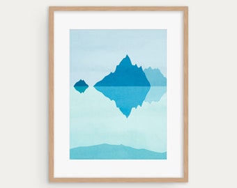 Abstract Modern Blue Mountains Art Print, Scandi Landscape Wall Decor, Mountain Reflection Scandinavian Art