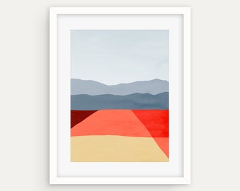 Mid Century Modern Landscape Art Print: Red Abstract Wall Decor