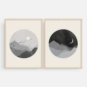 Black and White Wall Art - Set of 2 Prints, Bedroom Wall Decor Over the Bed, Sun and Moon Wall Art, Wall Art Master Bedroom, Giclee Prints