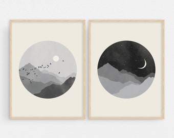 Black and White Wall Art - Set of 2 Prints, Bedroom Wall Decor Over the Bed, Sun and Moon Wall Art, Wall Art Master Bedroom, Giclee Prints